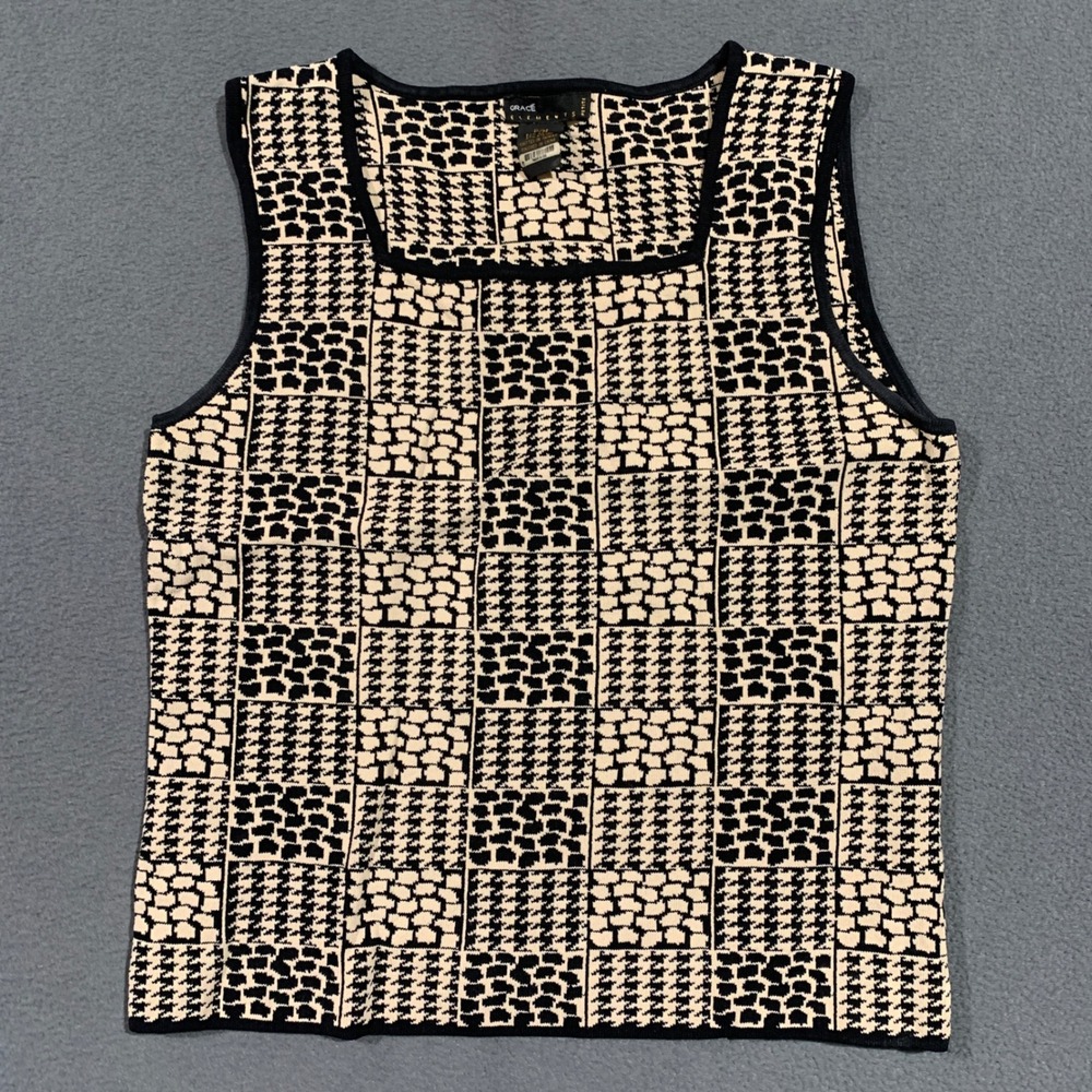 Multi Pattern Petite Womens Tank Top P/M‎ Black Cream Houndstooth Patchwork Knit